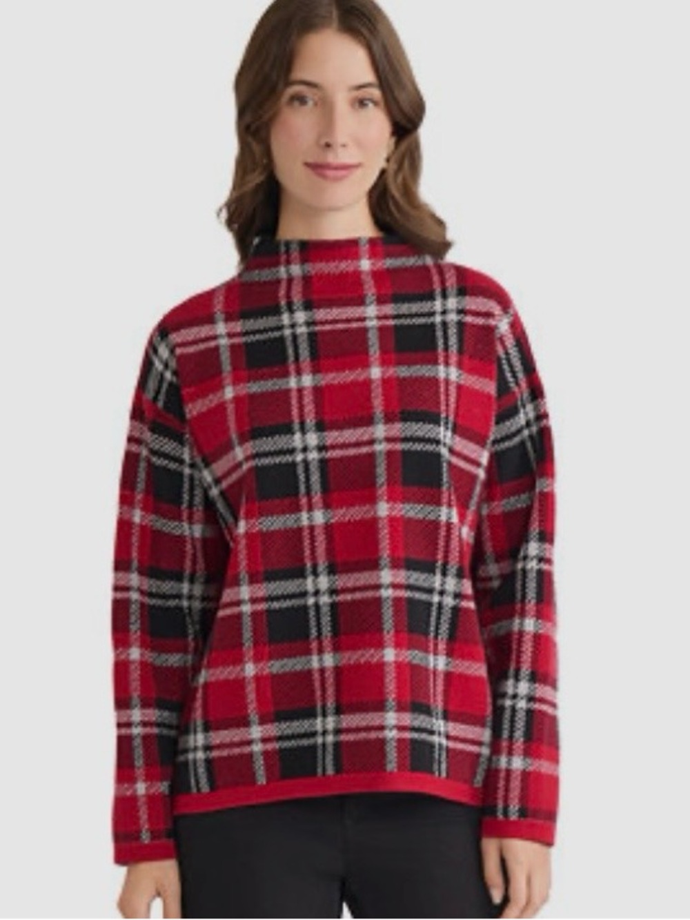 JONES NEW YORK, Red Plaid Mock Neck Women's Sweater, Size Medium